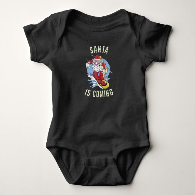 Santa is coming by snowboard baby bodysuit (Front)