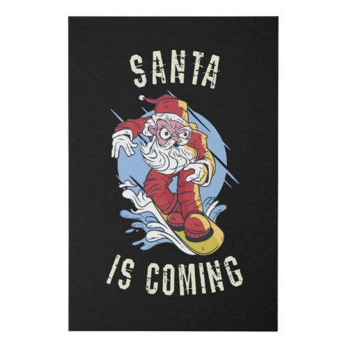 Santa is coming by snowboard faux canvas print