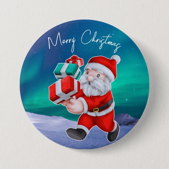Santa is on his way Northern Lights Christmas Button (Front)