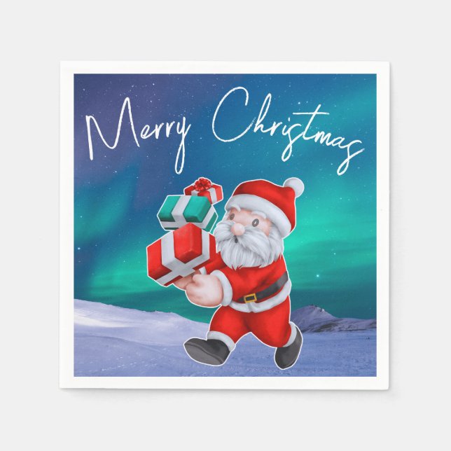 Santa is on his way Northern Lights Christmas Napkins (Front)