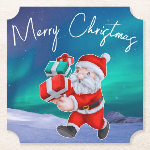 Santa is on his way Northern Lights Christmas Paper Coaster
