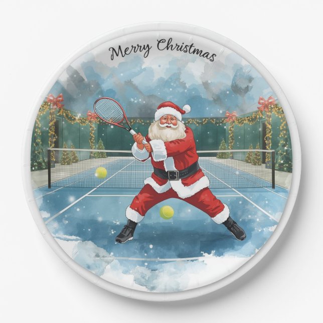 Santa is Playing Tennis Merry Christmas themed Paper Plates (Front)