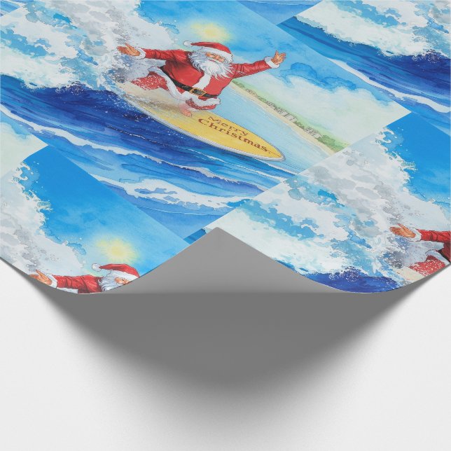 Santa is Surfing Christmas Holiday  Wrapping Paper (Corner)