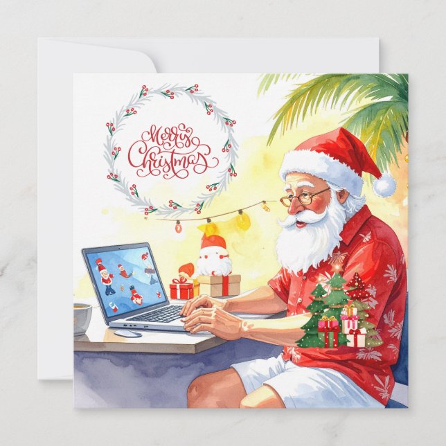 Santa is working on line for Christmas Holiday Card (Front)