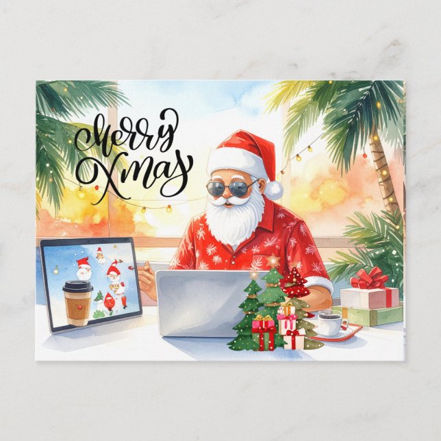 Santa is working on line for Christmas Holiday Postcard (Front)