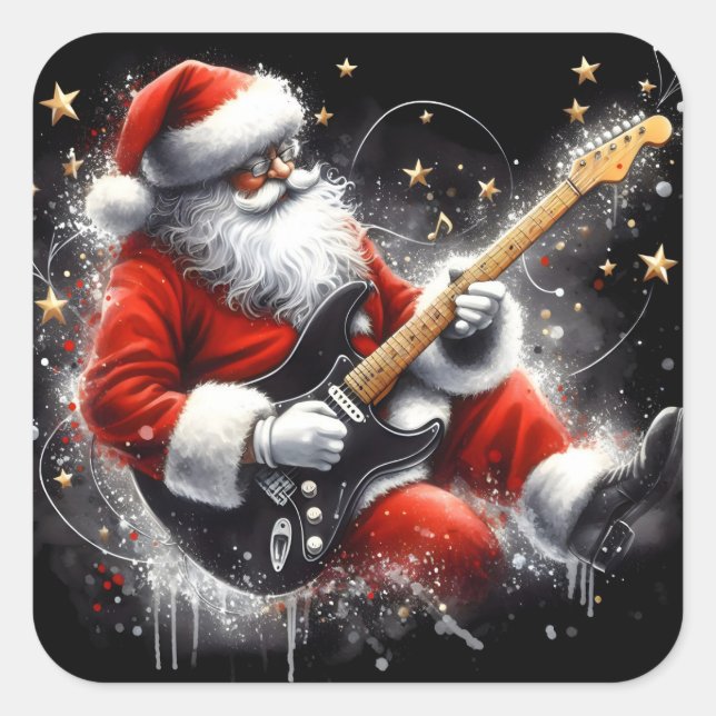 Santa Jams Loudly on Electric Guitar Square Sticker (Front)
