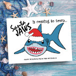 Santa Jaws | Funny Shark Christmas Holiday Card<br><div class="desc">Funny,  coastal theme Christmas card features a cute shark in a Santa hat with the caption "Santa JAWS is coming to town". Name and greeting can be personalized. Original artwork Tommy Moreno and KL Stock.</div>