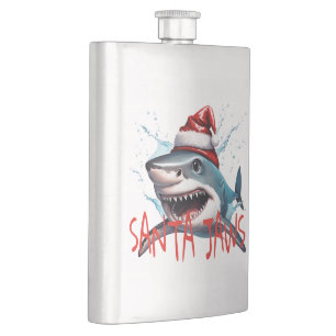Santa Jaws Pun Quote Christmas Shark Cartoon Art Flask