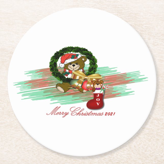 Santa Joy Sock Christmas Paper Coaster (Front)