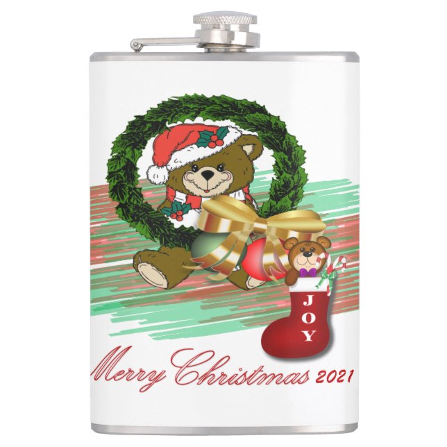 Santa Joy Sock Christmas Vinyl Wrapped Flask (Front)