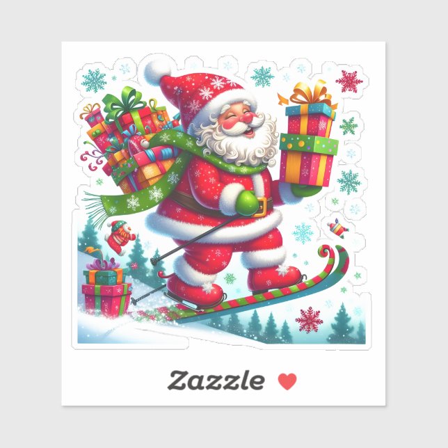 Santa Joyfully Skiing With Gifts Sticker (Sheet)