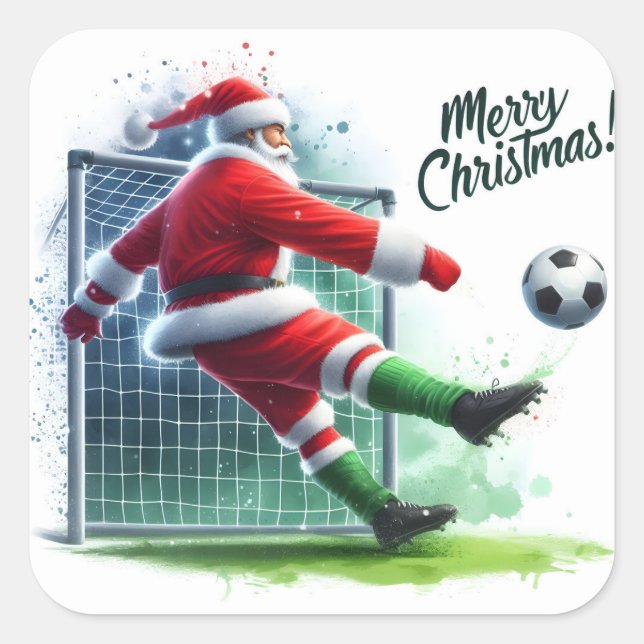 Santa Kicks a Soccer Ball for Fun! Square Sticker (Front)