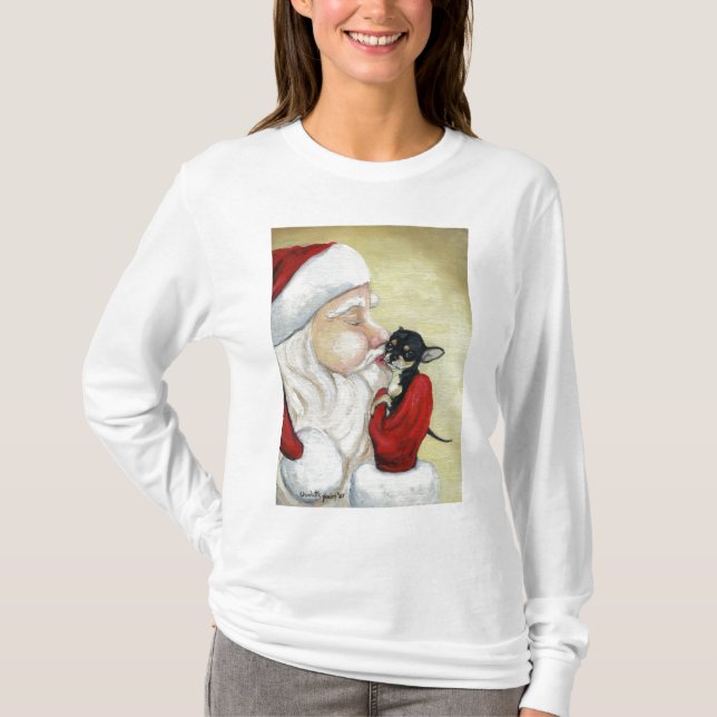 Santa Kiss for Chihuahua Dog Art Christmas Hoodie T-Shirt (Front)