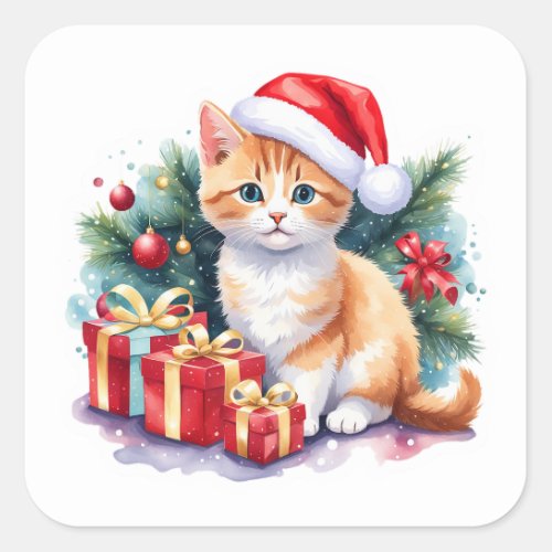 Santa Kitten orangewhite with Gifts  Square Sticker