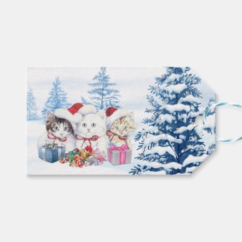 Santa kitten pine Christmas Gift Tags