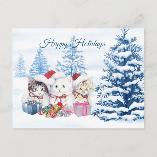 Santa kittens pine trees Christmas Postcard