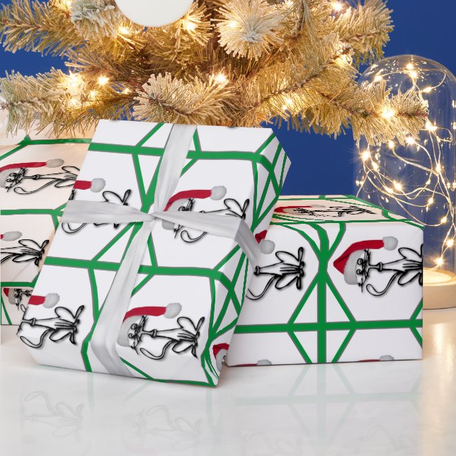 Santa Kitty Cat Green Frames Wrapping Paper (Holidays)