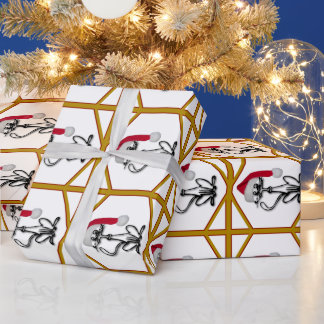 Santa Kitty Cat Red and Gold Frames Wrapping Paper