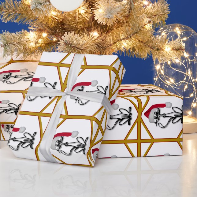 Santa Kitty Cat Red and Gold Frames Wrapping Paper (Holidays)