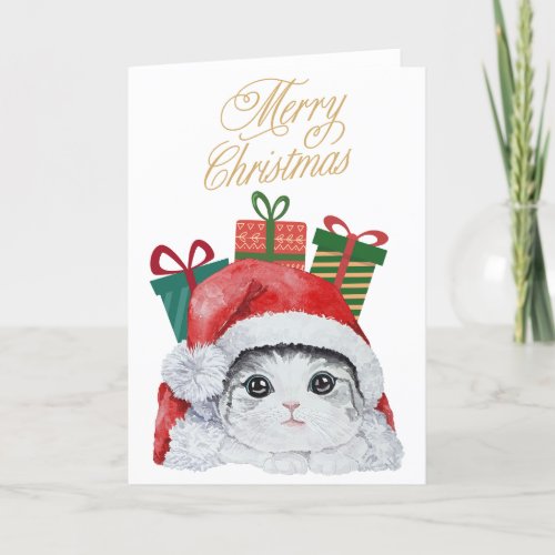 Santa Kitty Cute Watercolor Holiday Card