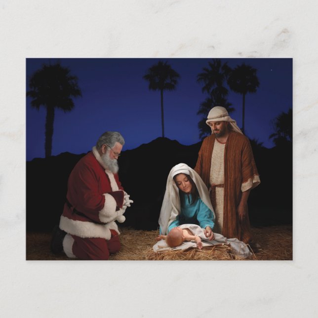 Santa kneeling at Nativity Holiday Postcard (Front)
