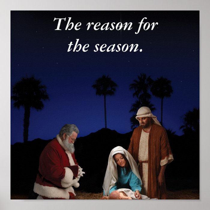 Santa Kneeling at Nativity Print