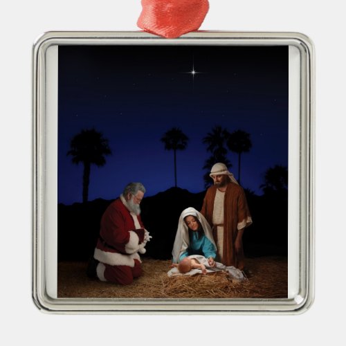Santa kneeling at Nativity _ square ornament