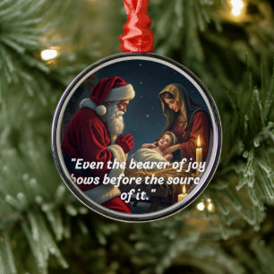 Santa Kneeling at the Manger Metal Ornament