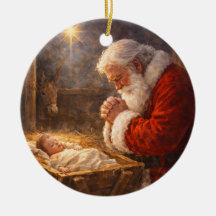 Santa Kneeling at the Manger Nativity