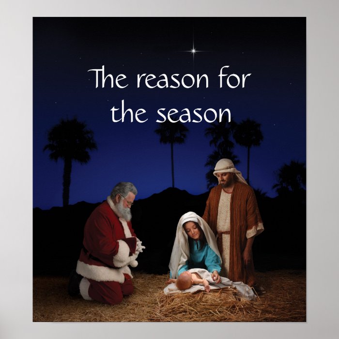 Santa kneeling at the Nativity Poster