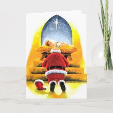 Santa Kneeling Before Jesus Christmas Card