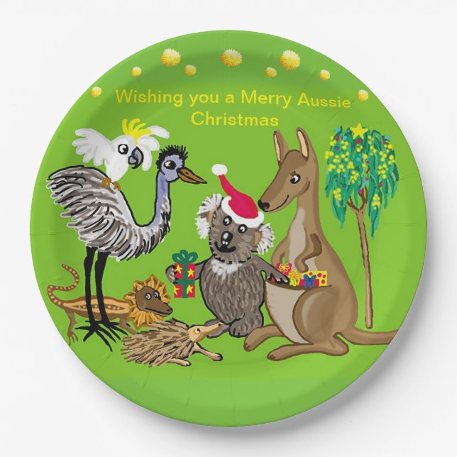Santa koala gives Aussie Christmas presents Paper Plates (Front)