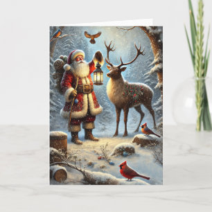 Santa Lantern Reindeer Birds Snowy Forest 1 Holiday Card