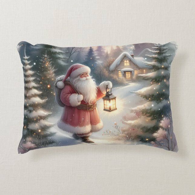 Santa Lantern Walk Winter Cottage Scene Accent Pillow (Front)