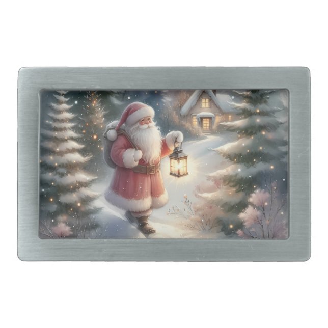 Santa Lantern Walk Winter Cottage Scene Belt Buckle (Front)