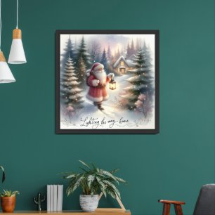 Santa Lantern Walk Winter Cottage Scene Framed Art