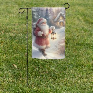 Santa Lantern Walk Winter Cottage Scene Garden Flag