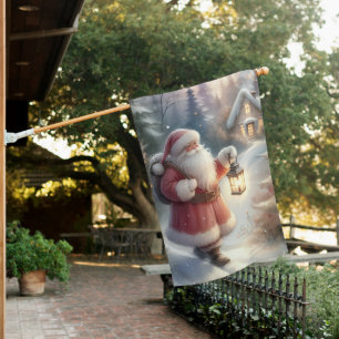 Santa Lantern Walk Winter Cottage Scene House Flag