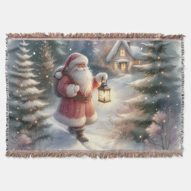 Santa Lantern Walk Winter Cottage Scene Throw Blanket (Front)