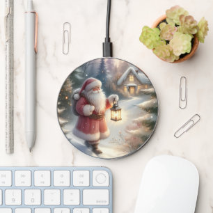Santa Lantern Walk Winter Cottage Scene Wireless Charger