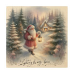 Santa Lantern Walk Winter Cottage Scene Wood Wall Art