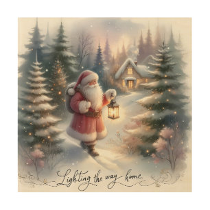 Santa Lantern Walk Winter Cottage Scene Wood Wall Art