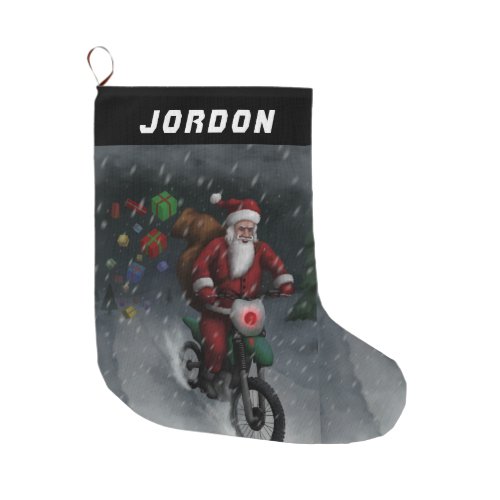 Santa leaving a trail of presents on his dirt bike large christmas stocking