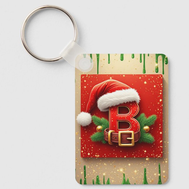Santa Letter B With Pine Wreath Holiday Style 🎅 Keychain (Front)