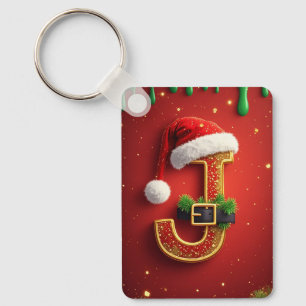 Santa Letter J Monogram Holiday Wreath 🎅 Keychain