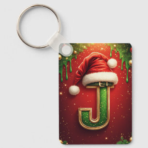 Santa Letter J With Evergreen Holiday Wreath 🎅 Keychain