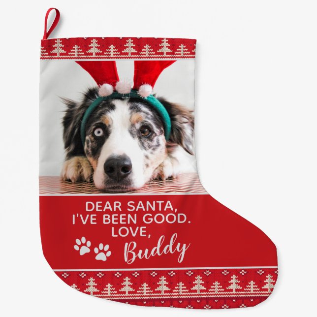 Santa Letter Nordic Pattern Dog Photo Large Christmas Stocking (Front)