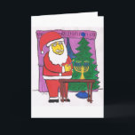 Santa Lighting a Menorah Holiday Card<br><div class="desc">Interfaith greeting card featuring Santa Lighting a Hanukkah Menorah in front of Christmas Tree.</div>