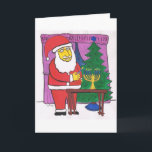 Santa Lighting a Menorah Holiday Card<br><div class="desc">Interfaith greeting card featuring Santa Lighting a Hanukkah Menorah in front of Christmas Tree.</div>