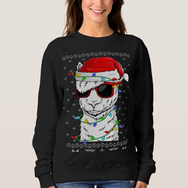 Santa Llama  Christmas Lights Ugly Llama Xmas Sweatshirt (Front)